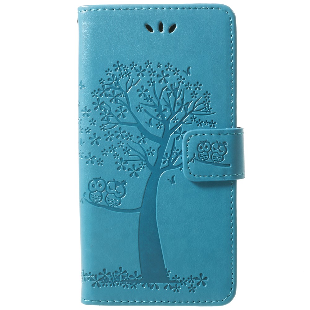 For Samsung Galaxy S9 Imprint Tree Owl Wallet Stand PU Leather Phone Cover - Blue-1