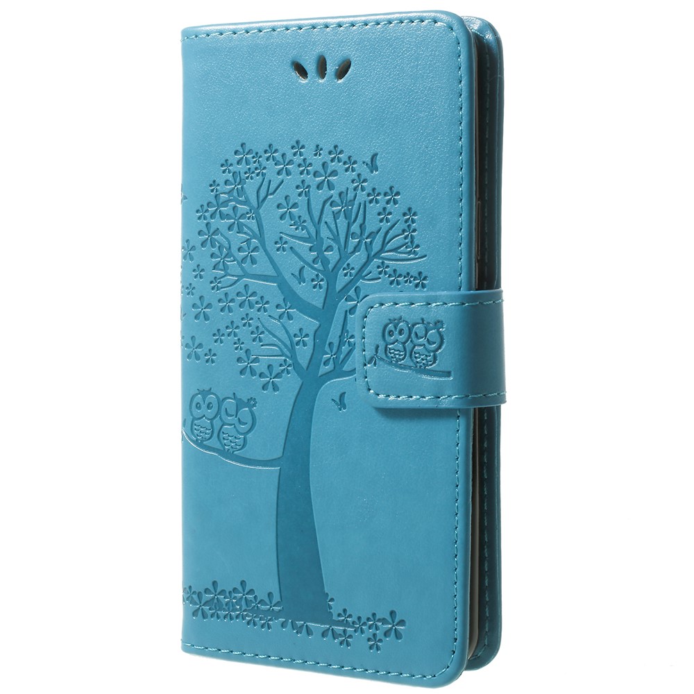 For Samsung Galaxy S9 Imprint Tree Owl Wallet Stand PU Leather Phone Cover - Blue-2