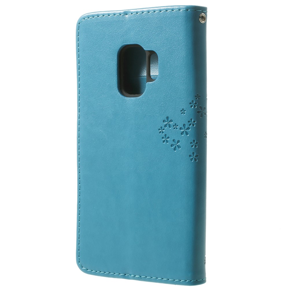 For Samsung Galaxy S9 Imprint Tree Owl Wallet Stand PU Leather Phone Cover - Blue-3