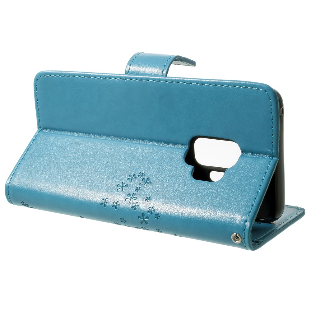 For Samsung Galaxy S9 Imprint Tree Owl Wallet Stand PU Leather Phone Cover - Blue-4