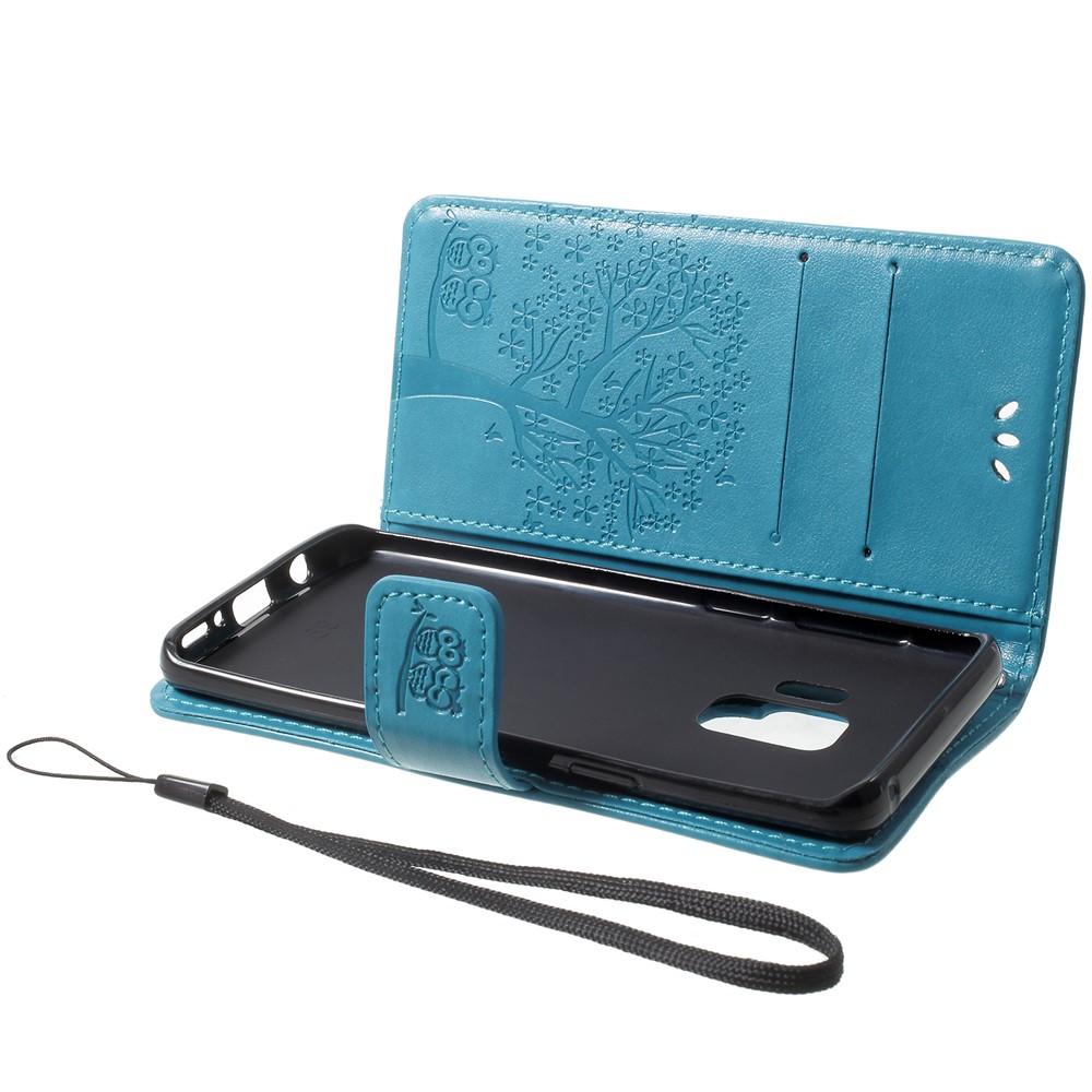 For Samsung Galaxy S9 Imprint Tree Owl Wallet Stand PU Leather Phone Cover - Blue-5
