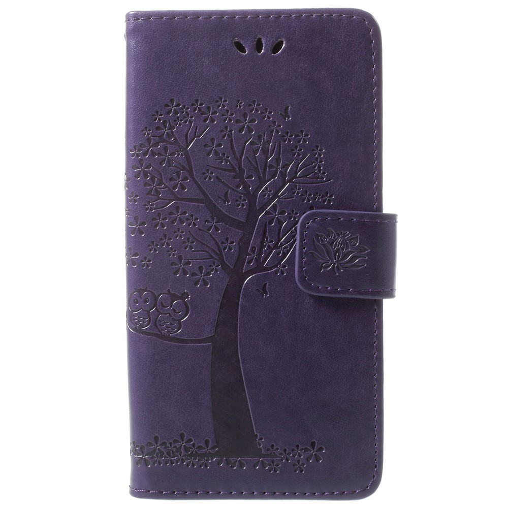 For Samsung Galaxy S9 Imprint Tree Owl Wallet Stand Leather Cellphone Cover - Dark Purple-1