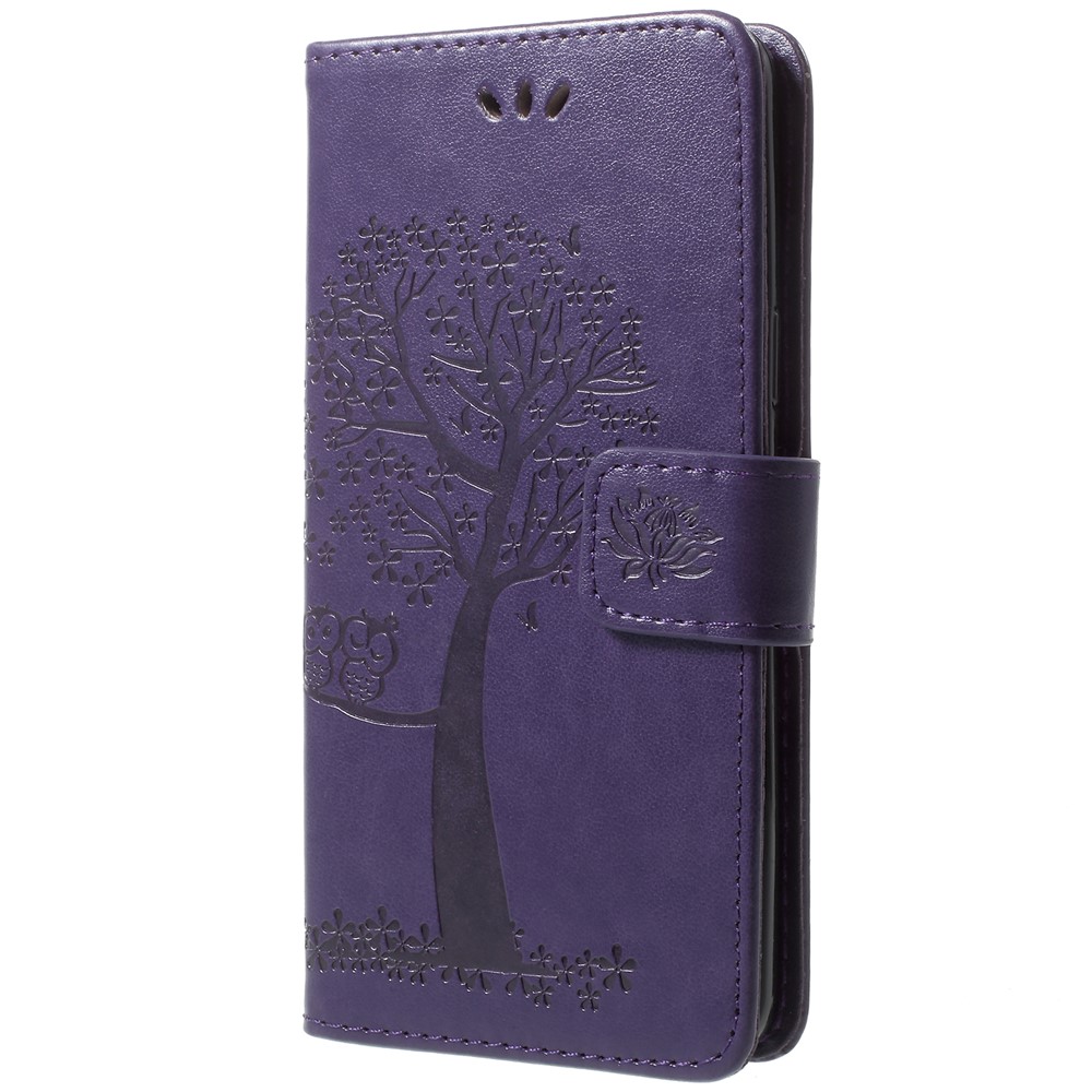 For Samsung Galaxy S9 Imprint Tree Owl Wallet Stand Leather Cellphone Cover - Dark Purple-2