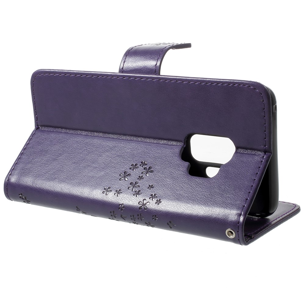 For Samsung Galaxy S9 Imprint Tree Owl Wallet Stand Leather Cellphone Cover - Dark Purple-4