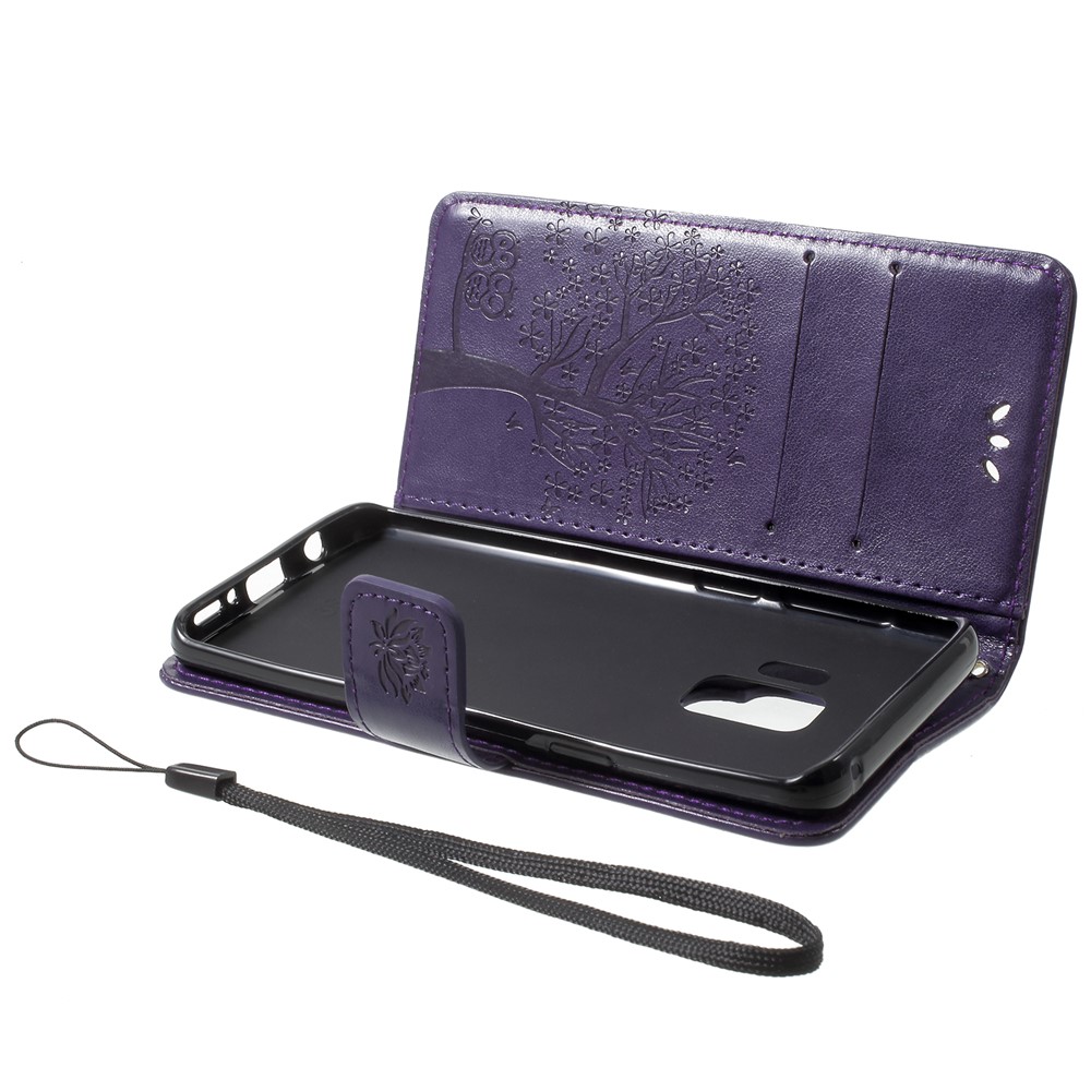 For Samsung Galaxy S9 Imprint Tree Owl Wallet Stand Leather Cellphone Cover - Dark Purple-5