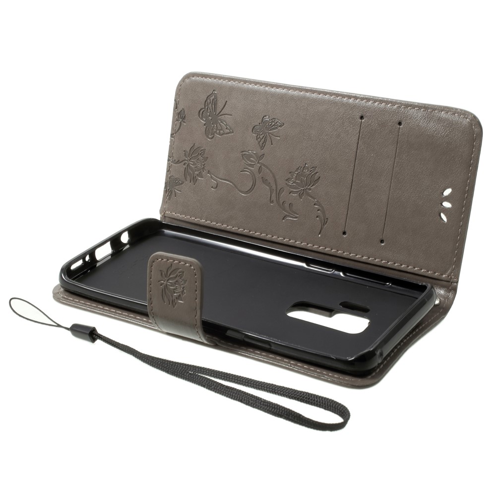 Imprinted Butterfly Flower Leather Wallet Cover for Samsung Galaxy S9+ G965 - Grey-5
