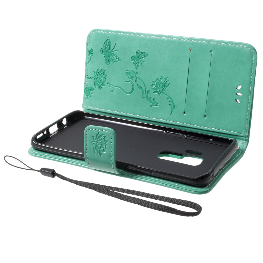 Imprinted Butterfly Flower PU Leather Wallet Case for Samsung Galaxy S9+ G965 - Cyan-5
