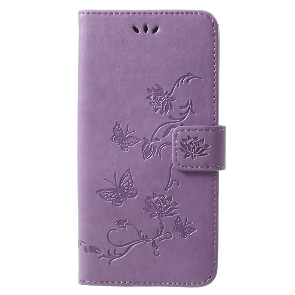 Imprinted Butterfly Flower Leather Wallet Case Phone Shell for Samsung Galaxy S9+ G965 - Light Purple-1
