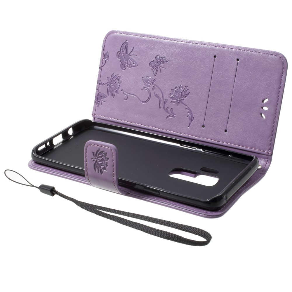 Imprinted Butterfly Flower Leather Wallet Case Phone Shell for Samsung Galaxy S9+ G965 - Light Purple-5