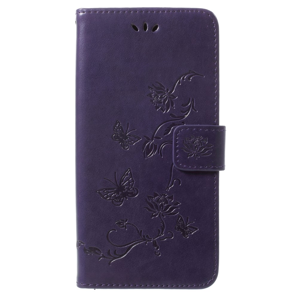 Imprinted Butterfly Flower Wallet Leather Protection Case for Samsung Galaxy S9+ G965 - Dark Purple-1