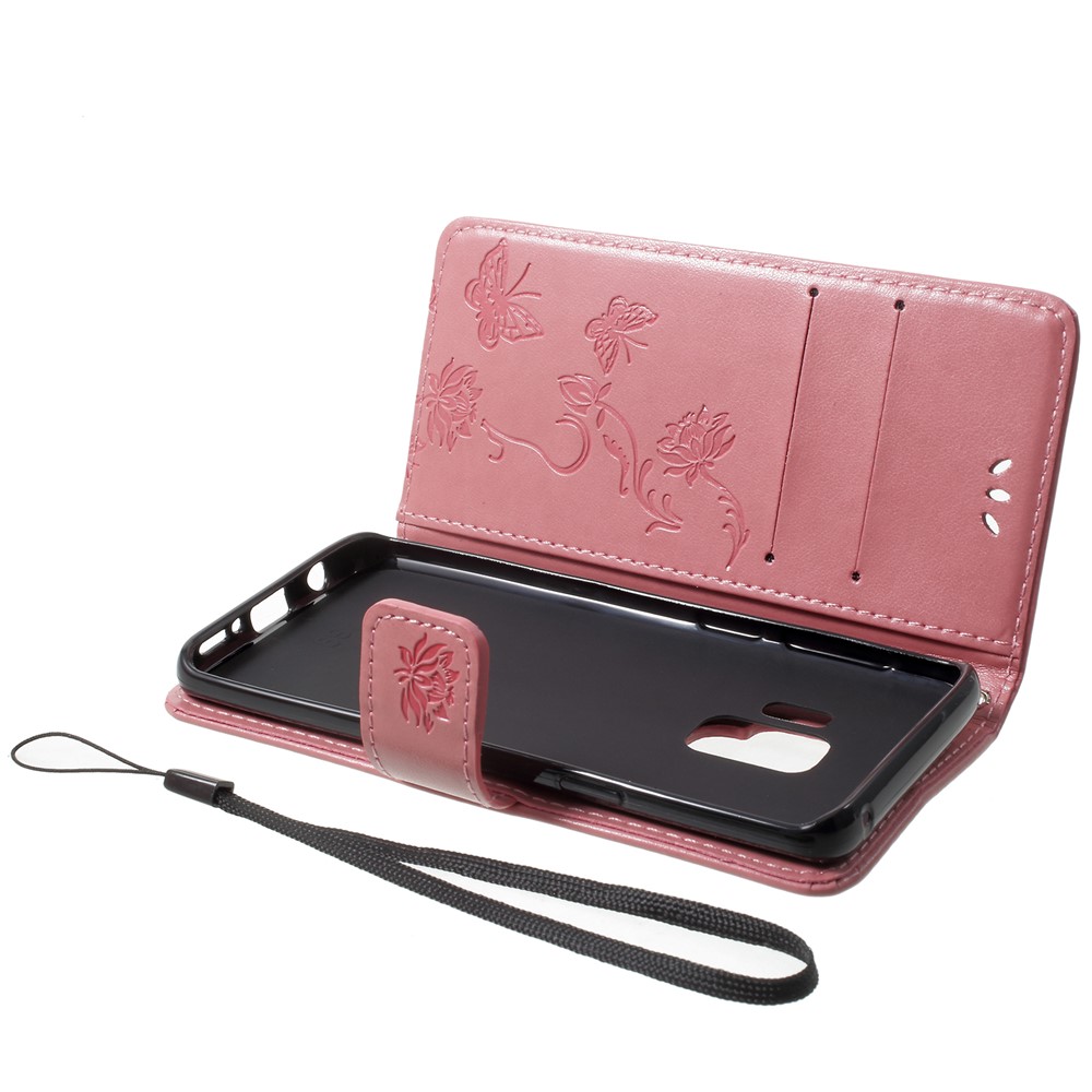 Imprint Butterfly Flowers Magnetic Wallet Leather Stand Cording Для Samsung Galaxy S9 - Розовый-5