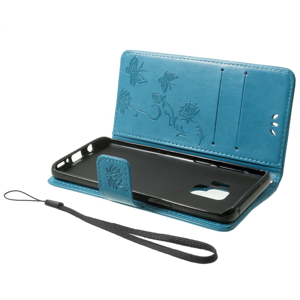 Imprint Butterfly Flowers Magnetic Wallet Leather Stand Cell Phone Cover for Samsung Galaxy S9 - Blue-5