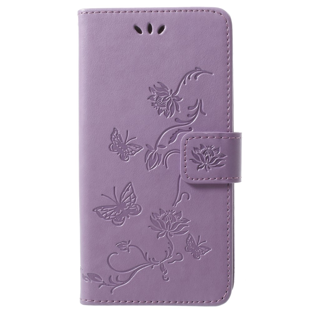Imprint Butterfly Flowers Magnetic Wallet Leather Stand Mobile Phone Shell for Samsung Galaxy S9 - Light Purple-1