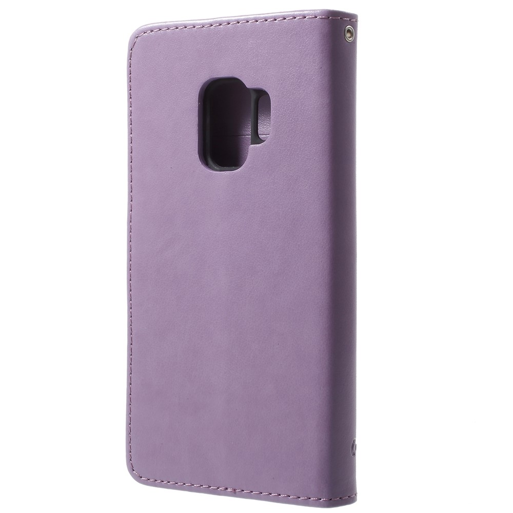 Imprint Butterfly Flowers Magnetic Wallet Leather Stand Mobile Phone Shell for Samsung Galaxy S9 - Light Purple-3