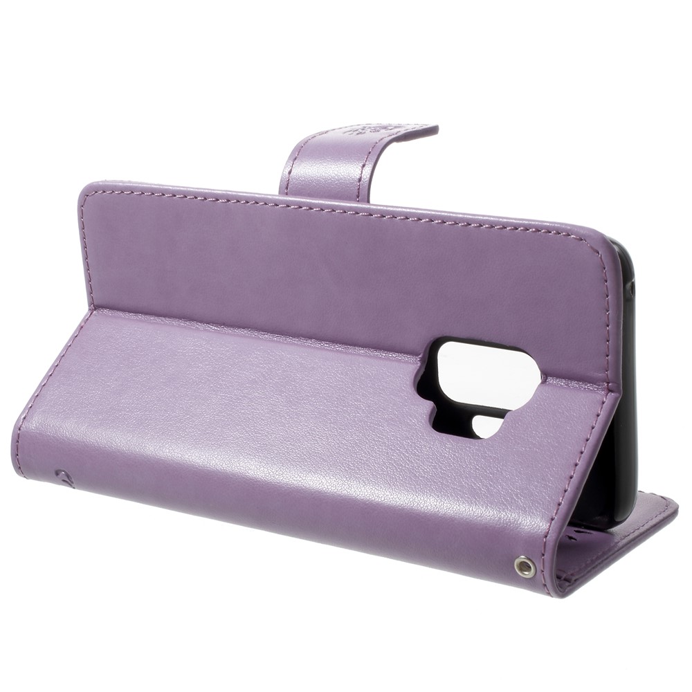 Imprint Butterfly Flowers Magnetic Wallet Leather Stand Mobile Phone Shell for Samsung Galaxy S9 - Light Purple-4