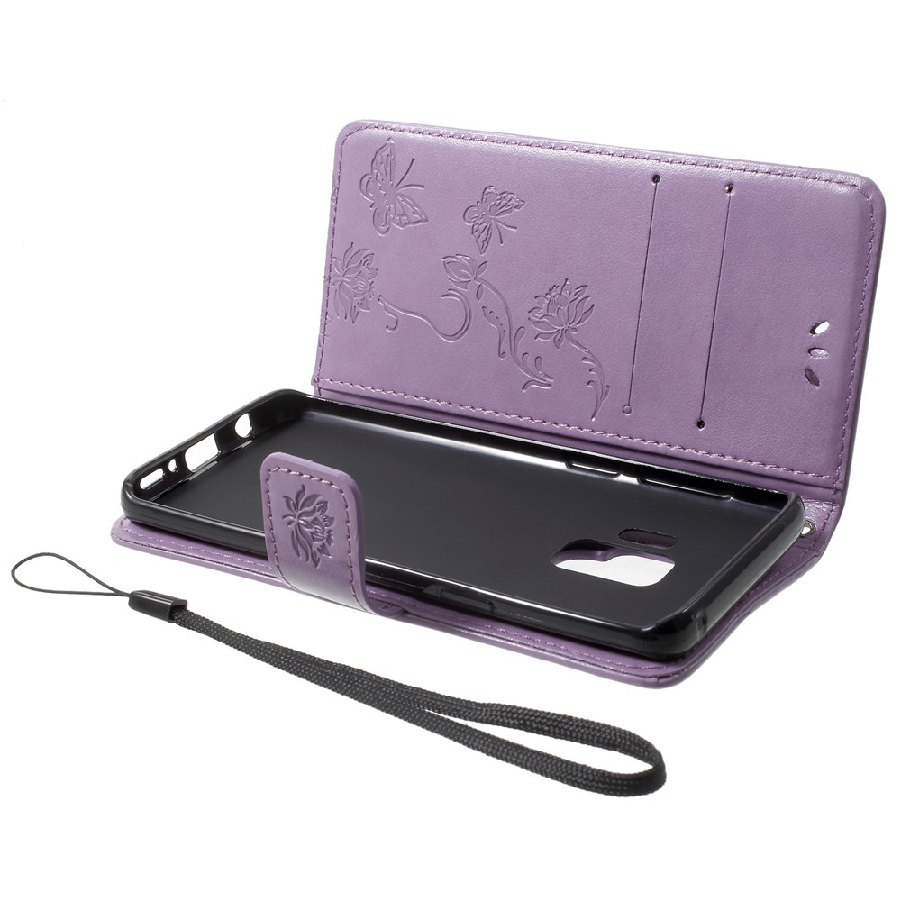 Imprint Butterfly Flowers Magnetic Wallet Leather Stand Mobile Phone Shell for Samsung Galaxy S9 - Light Purple-5