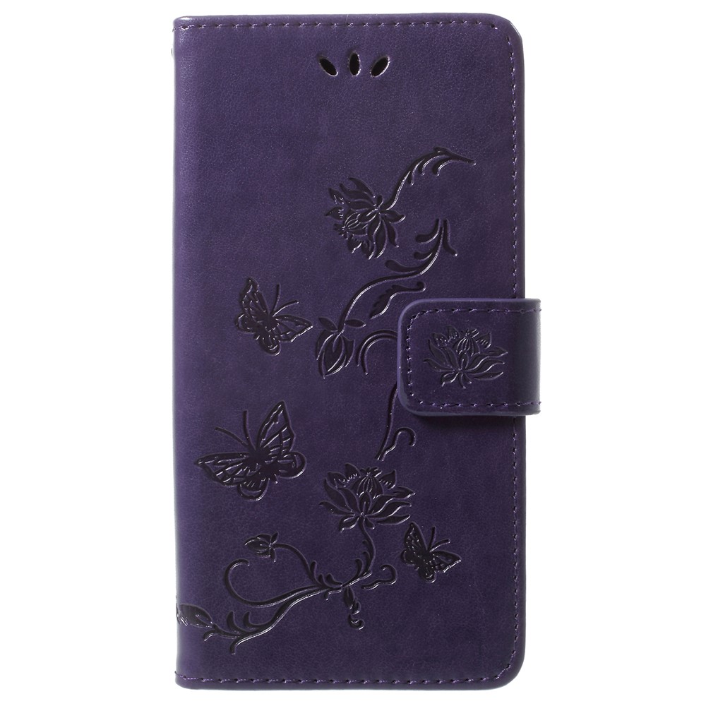 Imprint Butterfly Flowers Magnetic Wallet Leather Stand Cell Phone Shell for Samsung Galaxy S9 - Dark Purple-1