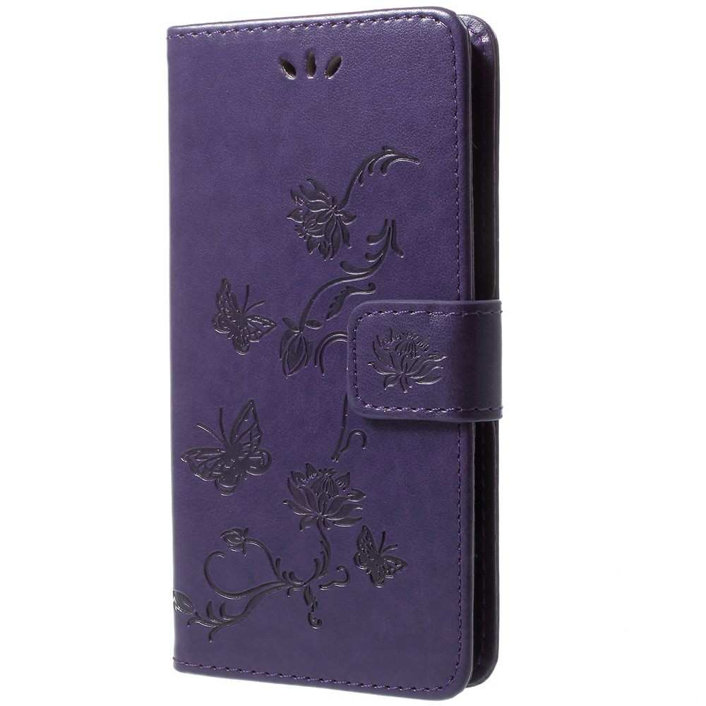 Pie De Imprenta De Mariposa Flores Magnético Billetera De Cuero Stand Stand Shell Para Samsung Galaxy S9 - Morado Oscuro