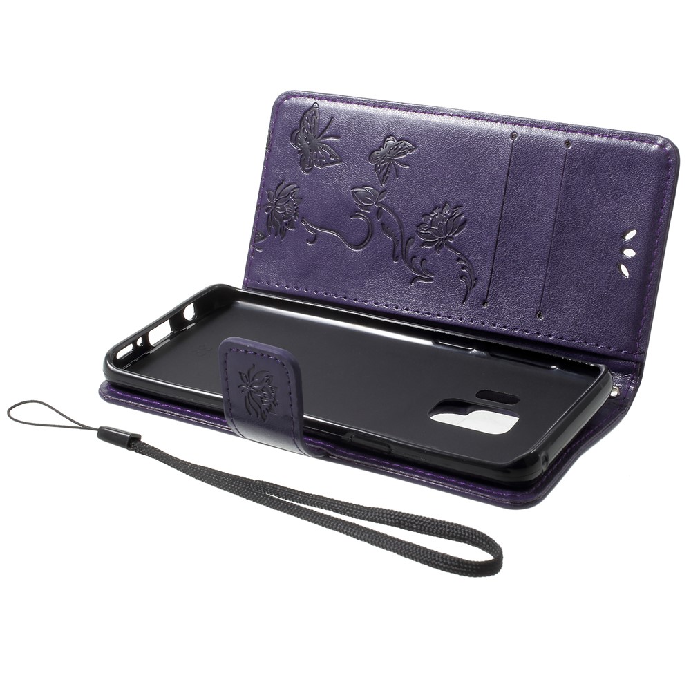 Imprint Butterfly Flowers Magnetic Wallet Leather Stand Cell Phone Shell for Samsung Galaxy S9 - Dark Purple-5