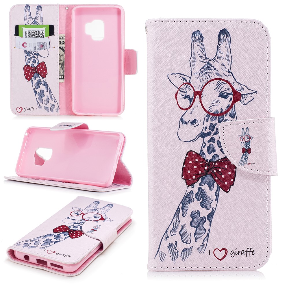 Pattern Printing Stand Wallet Leather Phone Case for Samsung Galaxy S9 G960 - Giraffe Wearing Glasses-1