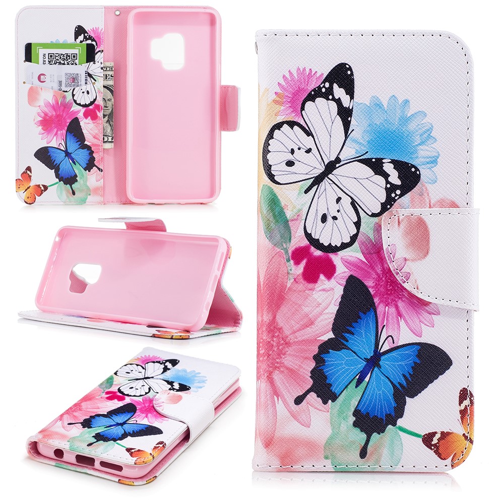 Pattern Printing PU Leather Wallet Stand Cover for Samsung Galaxy S9 G960 - Butterfly and Flower-1