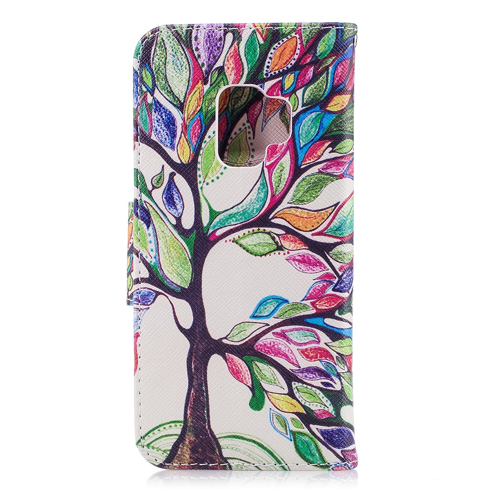 Pattern Printing PU Leather Wallet Phone Cover with Stand for Samsung Galaxy S9 - Colorized Tree-3