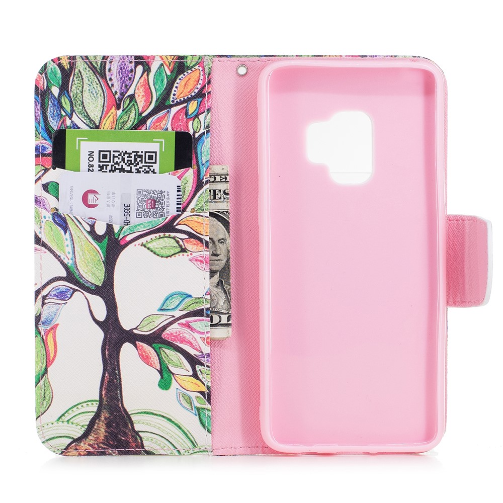 Pattern Printing PU Leather Wallet Phone Cover with Stand for Samsung Galaxy S9 - Colorized Tree-8