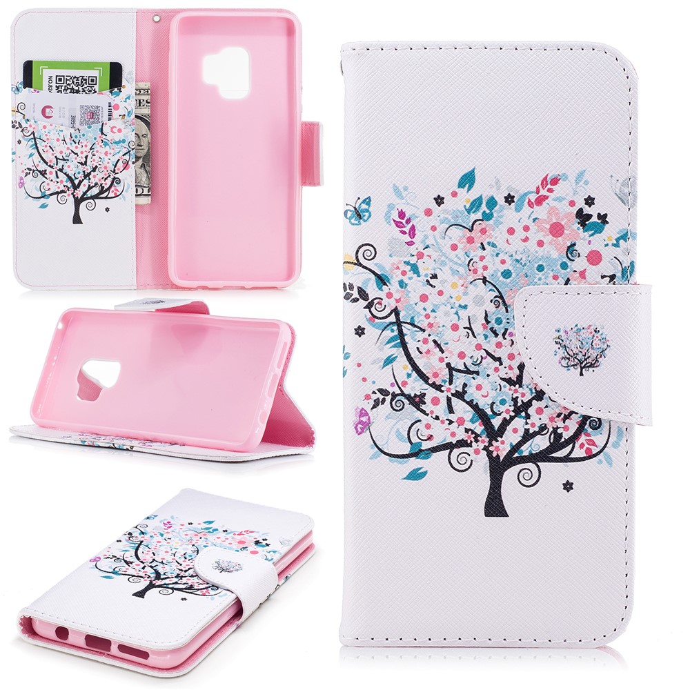 Pattern Printing PU Leather Card Holder Mobile Phone Cover Shell for Samsung Galaxy S9 G960 - Floret Tree-1