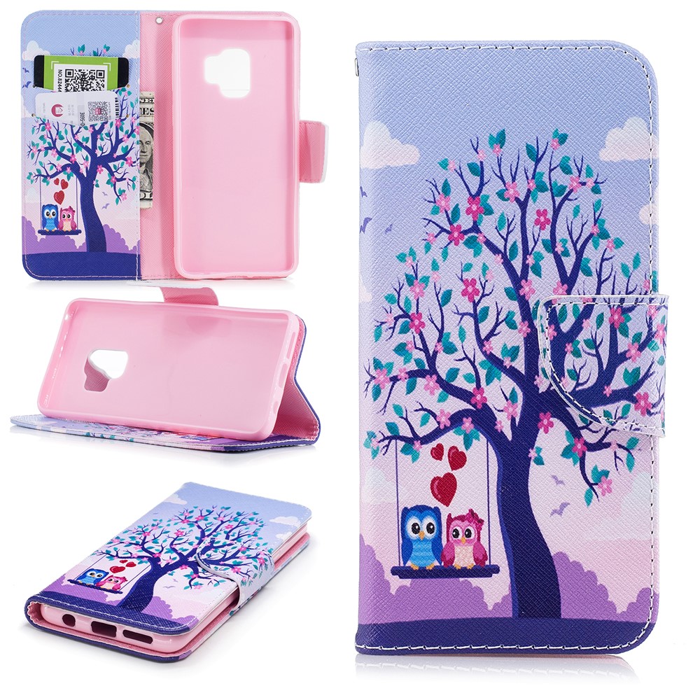 Pattern Printing PU Leather Magnetic Wallet Stand Case for Samsung Galaxy S9 G960 - Owls on Swing-1
