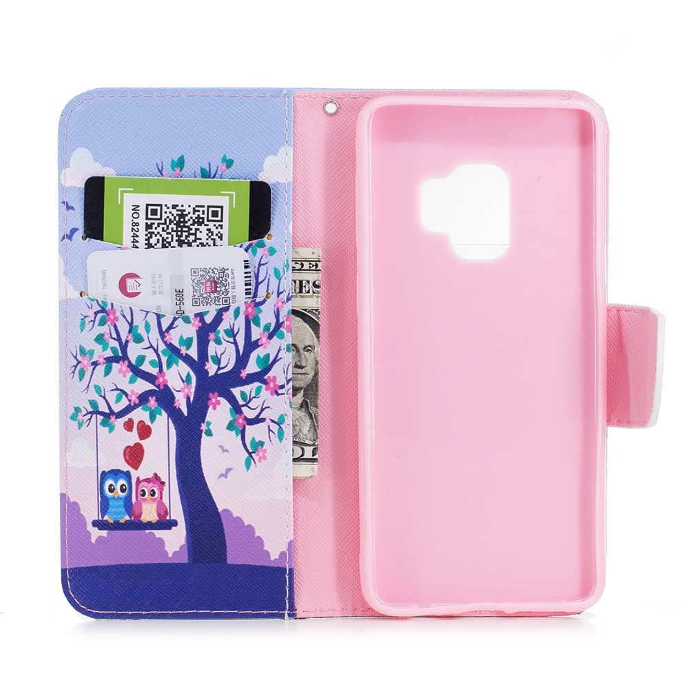 Pattern Printing PU Leather Magnetic Wallet Stand Case for Samsung Galaxy S9 G960 - Owls on Swing-8