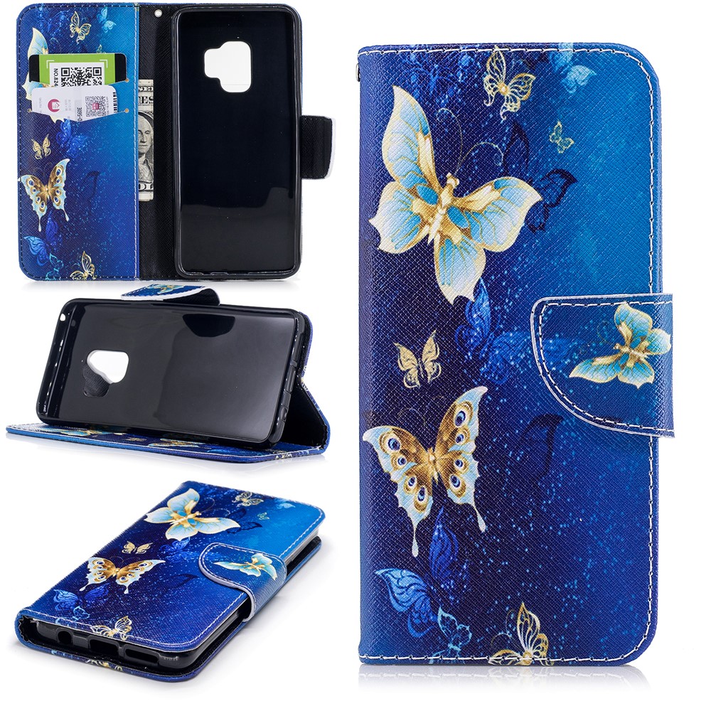 Pattern Printing PU Leather Magnetic Wallet Stand Cover for Samsung Galaxy S9 - Gold and Blue Butterfly-1