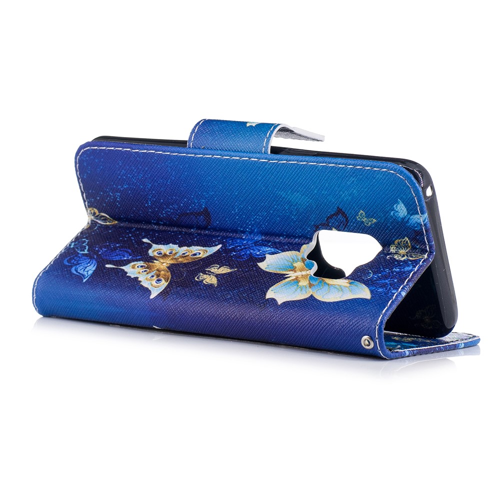 Pattern Printing PU Leather Magnetic Wallet Stand Cover for Samsung Galaxy S9 - Gold and Blue Butterfly-4