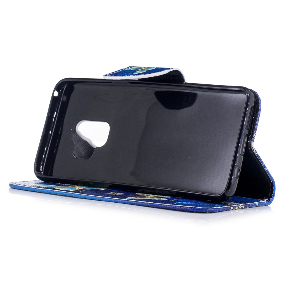 Impressão de Padrões PU Caley Catallet Magnet Stand Taplo Para Samsung Galaxy S9 - Ouro e Borboleta Azul-5