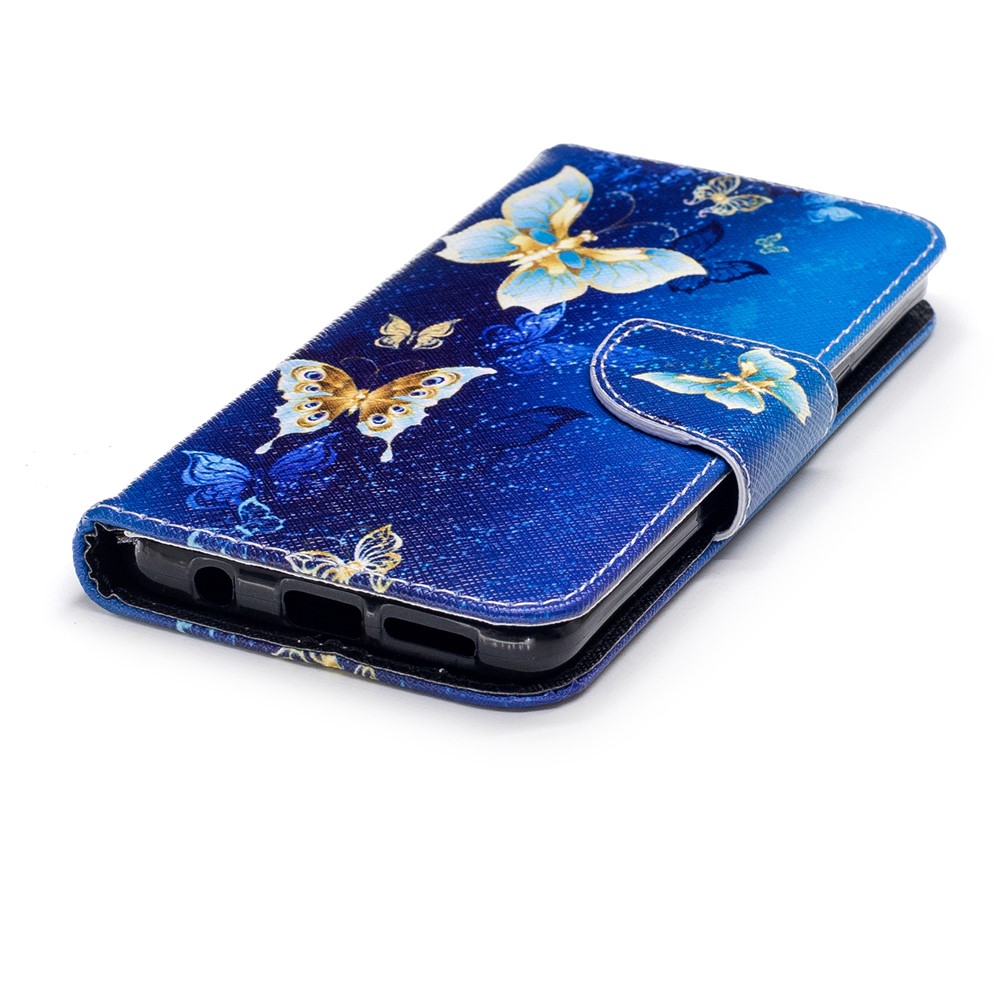 Impressão de Padrões PU Caley Catallet Magnet Stand Taplo Para Samsung Galaxy S9 - Ouro e Borboleta Azul-6