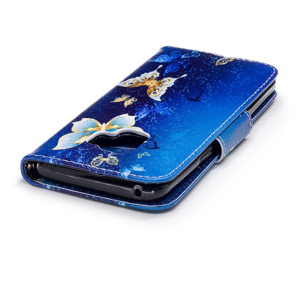 Impressão de Padrões PU Caley Catallet Magnet Stand Taplo Para Samsung Galaxy S9 - Ouro e Borboleta Azul-7