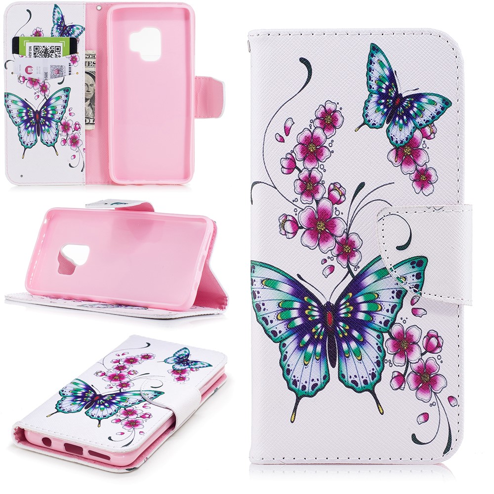 Pattern Printing PU Leather Magnetic Wallet Stand Shell for Samsung Galaxy S9 G960 - Butterfly and Flower-1