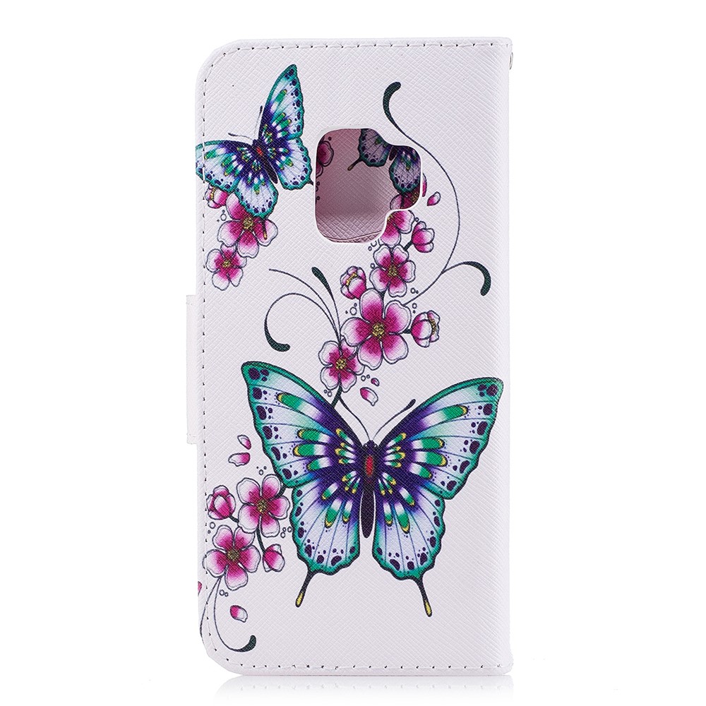 Impressão de Padrões PU Ceartura Maténia Para Stand Stand Para Samsung Galaxy S9 G960 - Borboleta e Flor-3