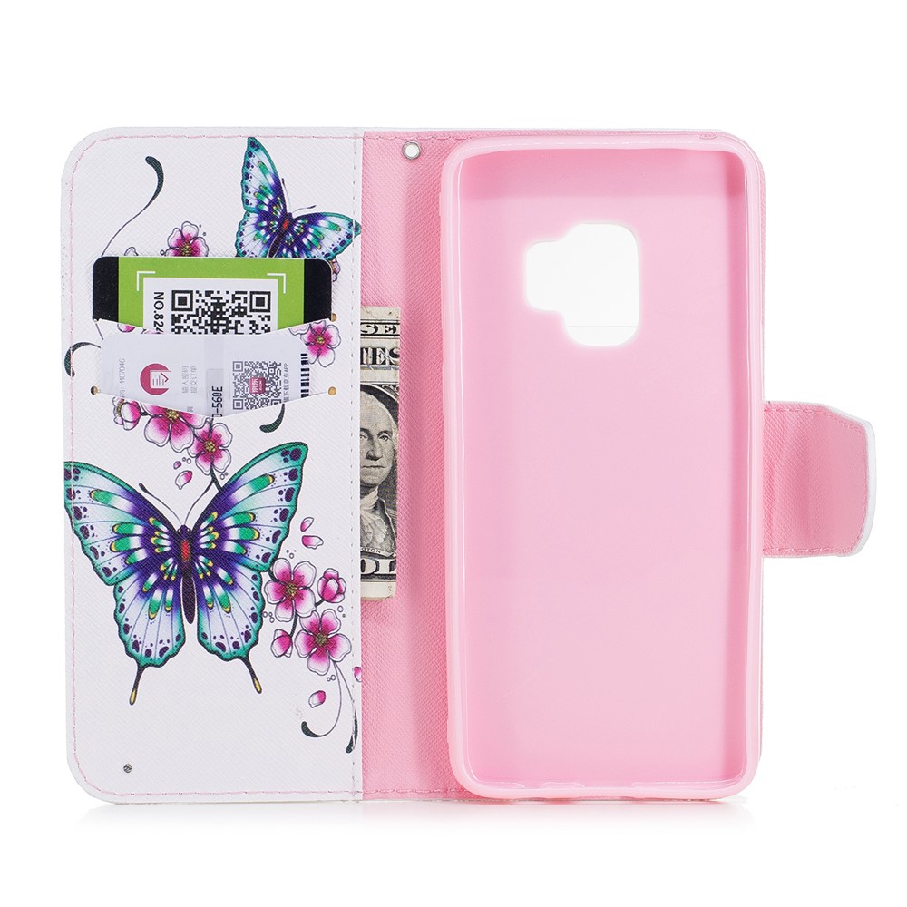 Impressão de Padrões PU Ceartura Maténia Para Stand Stand Para Samsung Galaxy S9 G960 - Borboleta e Flor-8