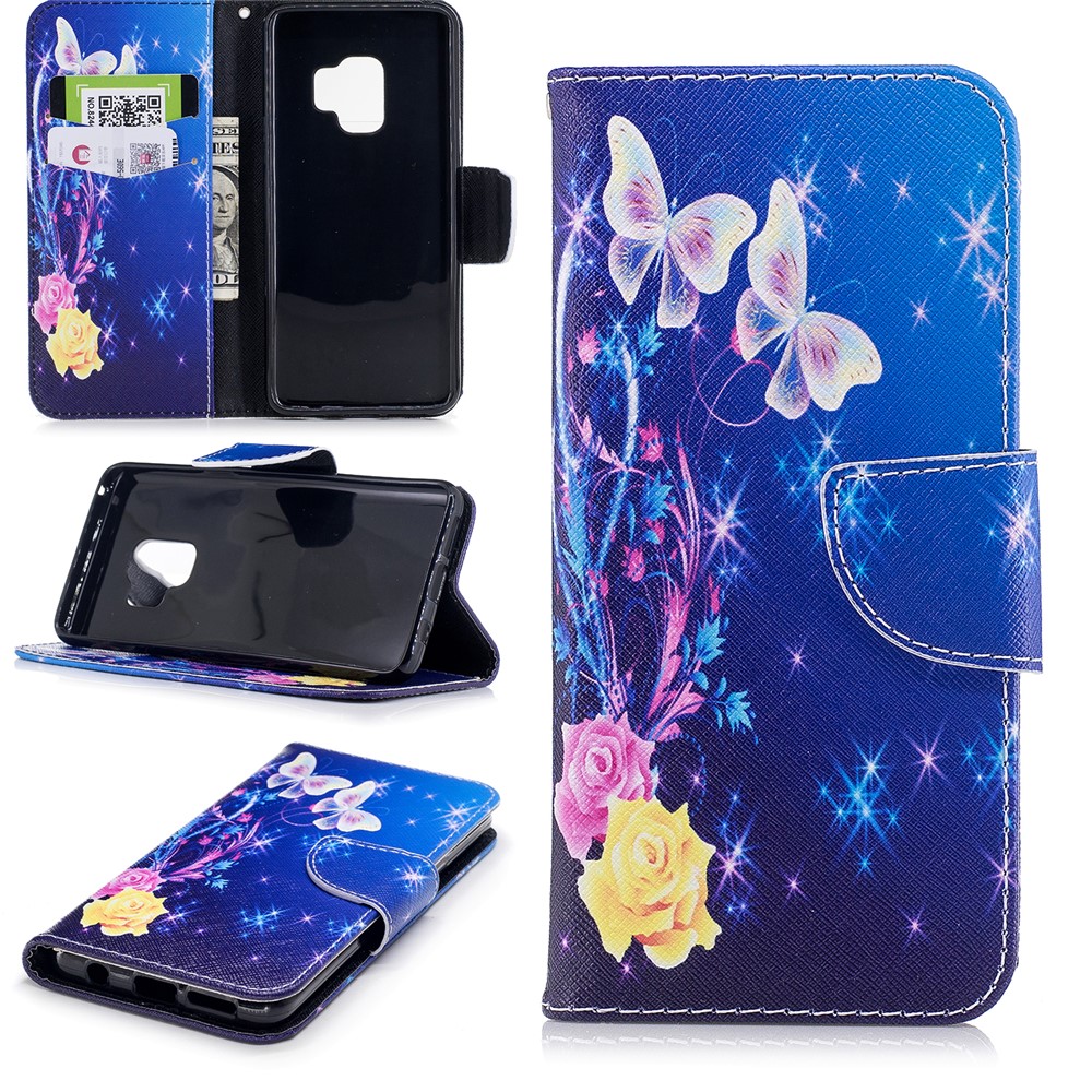 Pattern Printing PU Leather Magnetic Wallet Stand Casing for Samsung Galaxy S9 - Crystal Butterfly and Flower-1