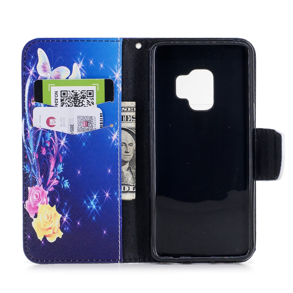 Pattern Printing PU Leather Magnetic Wallet Stand Casing for Samsung Galaxy S9 - Crystal Butterfly and Flower-8