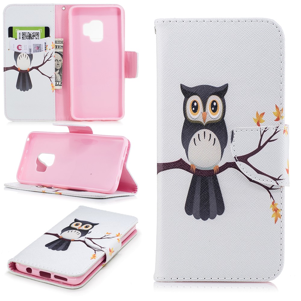 Pattern Printing PU Leather Magnetic Wallet Stand Mobile Phone Case for Samsung Galaxy S9 - Owl on Branch-1