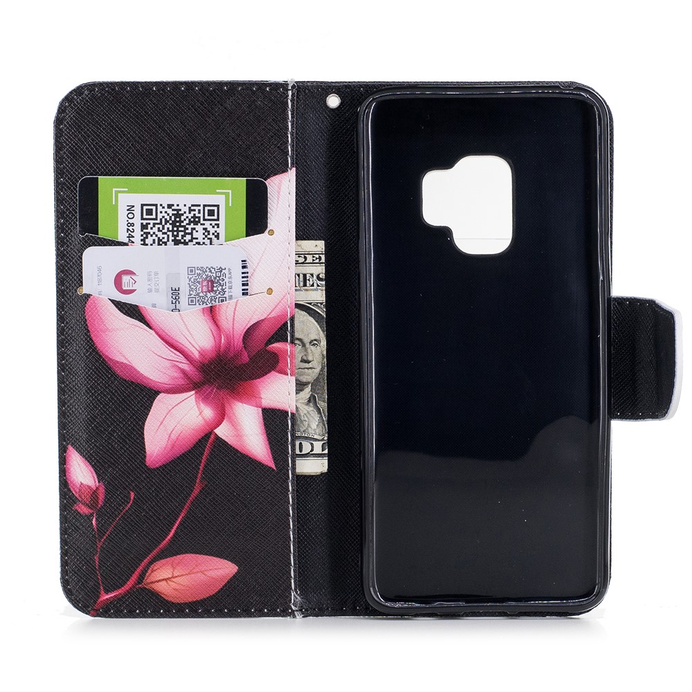 Pattern Printing PU Leather Magnetic Wallet Stand Cell Phone Case for Samsung Galaxy S9 G960 - Pink Flower-8