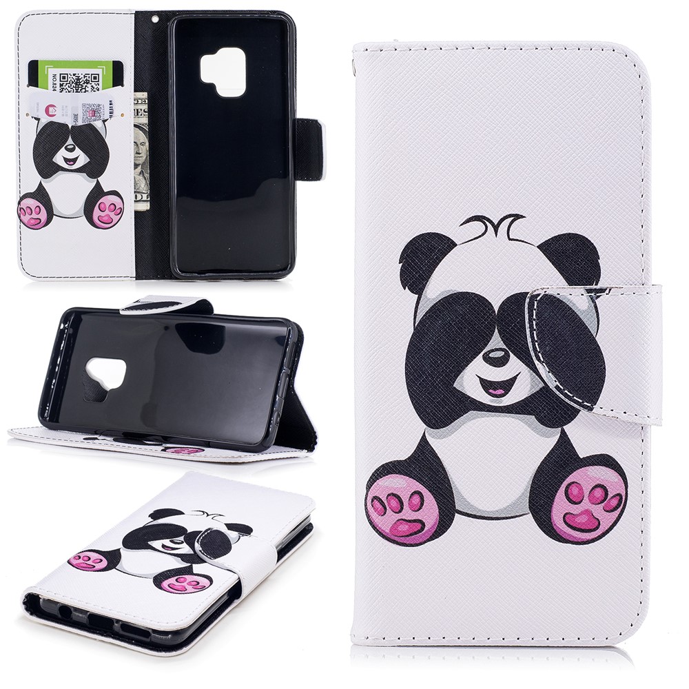 Pattern Printing PU Leather Magnetic Wallet Stand Mobile Phone Cover for Samsung Galaxy S9 - Cute Panda-1