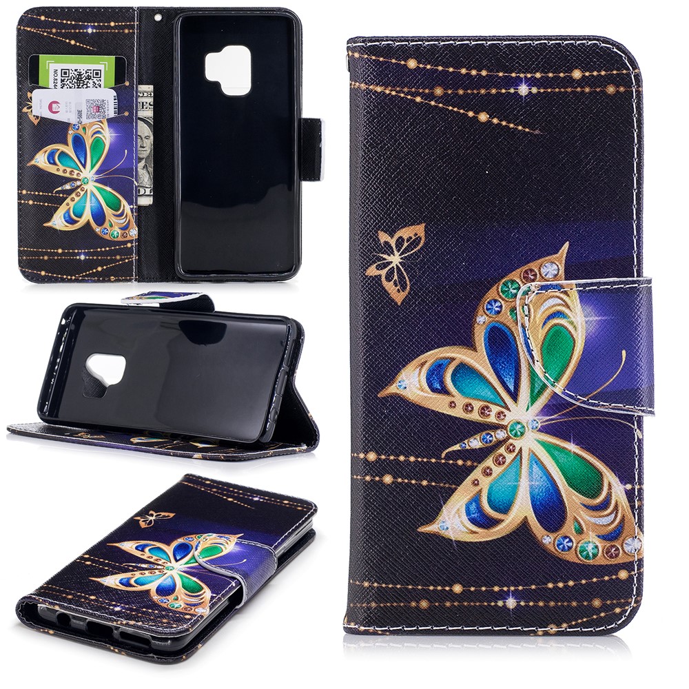 Pattern Printing PU Leather Magnetic Wallet Stand Cell Phone Cover for Samsung Galaxy S9 - Rhinestone Decor Butterfly-1