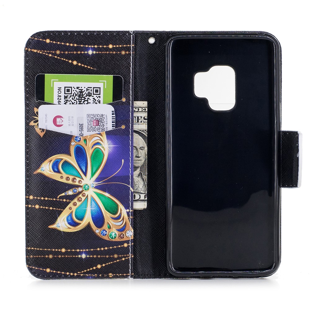 Pattern Printing PU Leather Magnetic Wallet Stand Cell Phone Cover for Samsung Galaxy S9 - Rhinestone Decor Butterfly-8