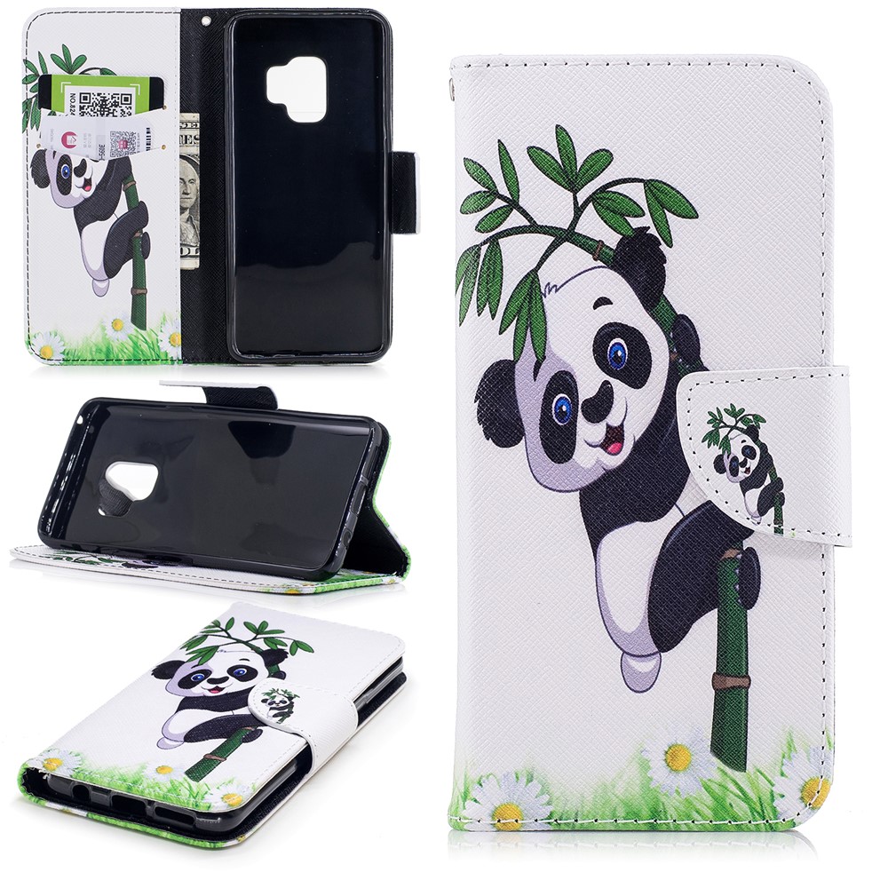 Pattern Printing PU Leather Magnetic Wallet Stand Protective Casing for Samsung Galaxy S9 - Panda on Bamboo-1