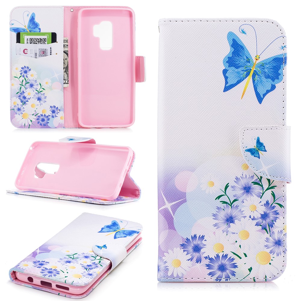 Pattern Printing PU Leather Wallet Stand Mobile Case for Samsung Galaxy S9 Plus - Blue Butterfly and Daisy-1