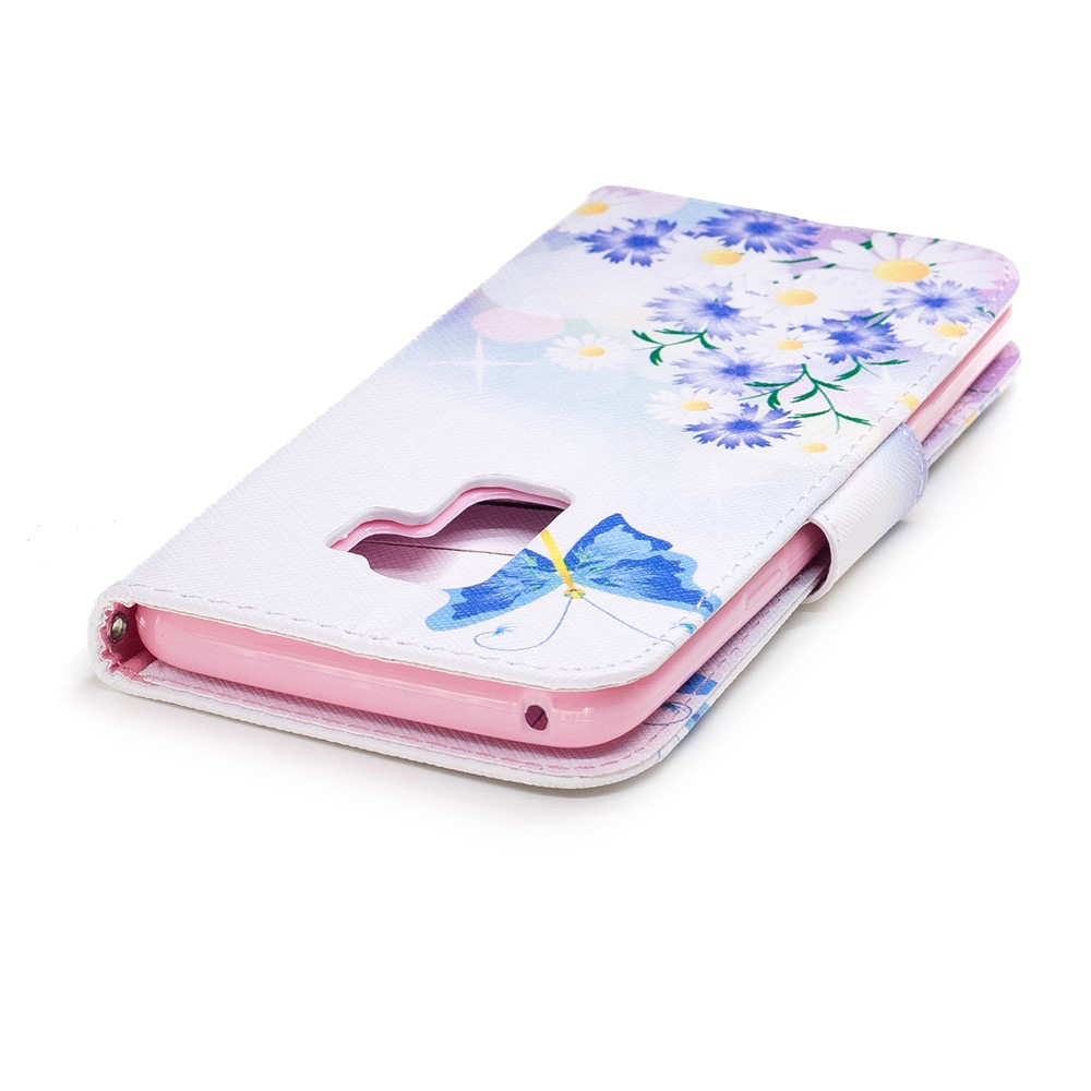 Pattern Printing PU Leather Wallet Stand Mobile Case for Samsung Galaxy S9 Plus - Blue Butterfly and Daisy-7
