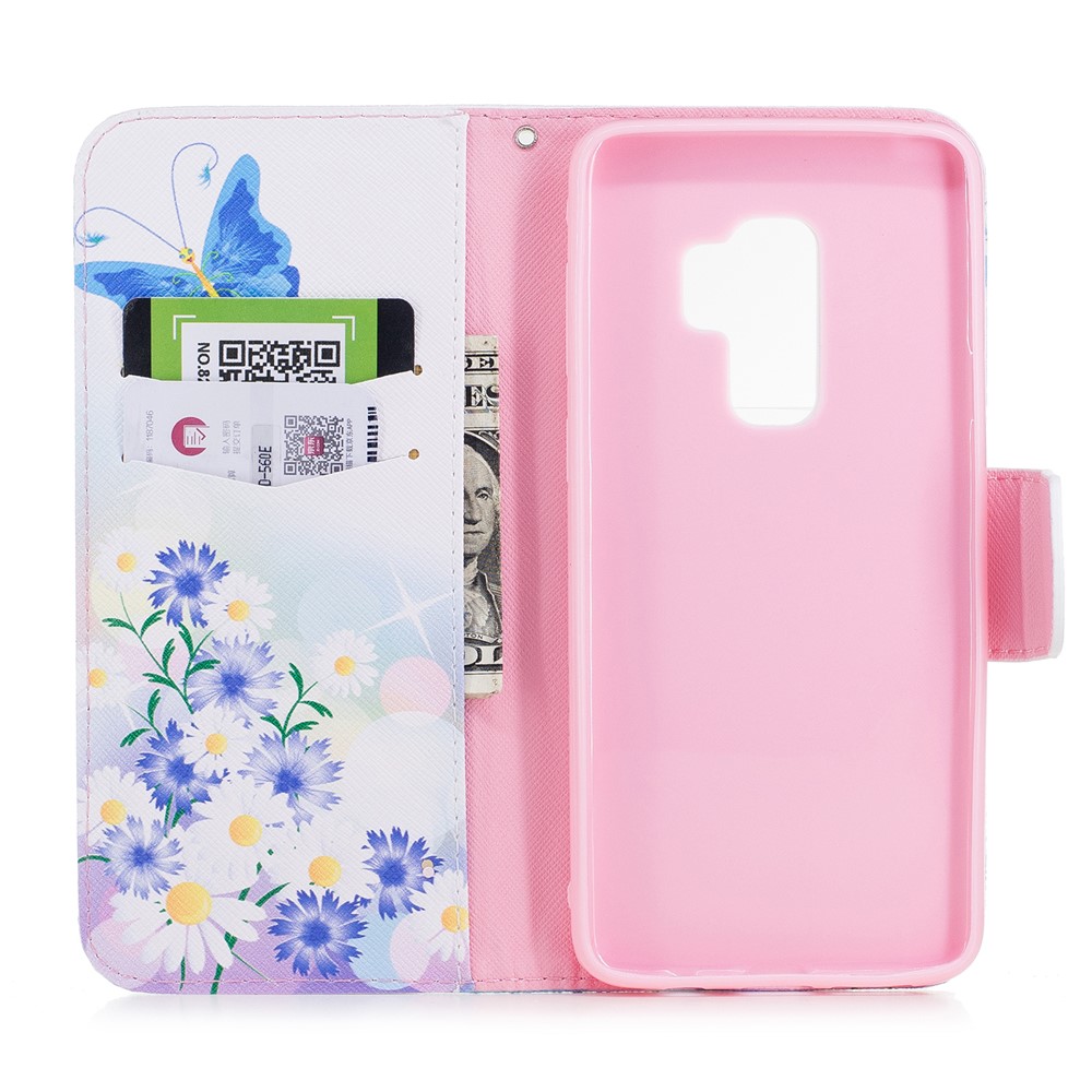 Pattern Printing PU Leather Wallet Stand Mobile Case for Samsung Galaxy S9 Plus - Blue Butterfly and Daisy-8