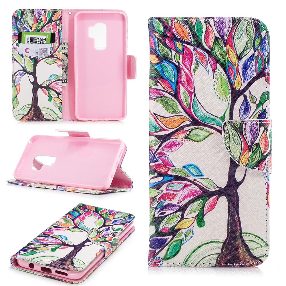Pattern Printing PU Leather Wallet Stand Mobile Cover for Samsung Galaxy S9 Plus G965 - Colorized Tree-1